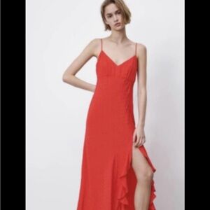 New ZARA JACQUARD DOTTED SLIP DRESS RUFFLE TRIM RED Size XS